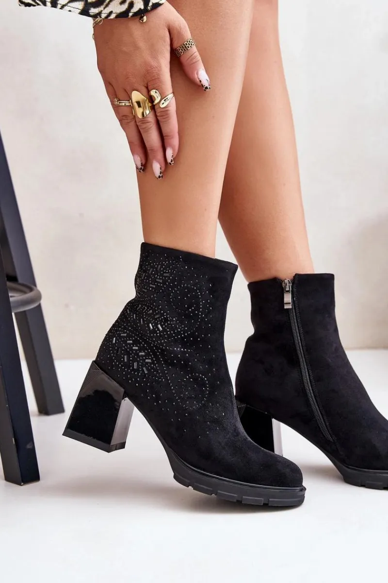 Botki Ocieplane|Botki Na Obcasie>Damskie buty S.Barski Ocieplane Botki Damskie Na Słupku Ze Zdobieniem D&A MR880-130 Czarne