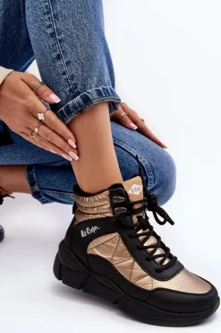 Best Ocieplane Botki Damskie Na Platformie LCJ-23-44-1986L Złote Damskie Trekkingowe Damskie|Damskie Trapery