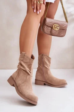 Discount Ocieplane Botki Damskie Z Marszczeniem I Zdobieniem Beżowe Etteara Damskie Botki Zimowe Damskie|Brązowe I Beżowe Botki