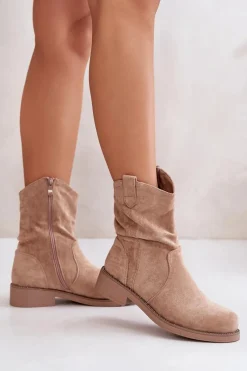 Discount Ocieplane Botki Damskie Z Marszczeniem I Zdobieniem Beżowe Etteara Damskie Botki Zimowe Damskie|Brązowe I Beżowe Botki