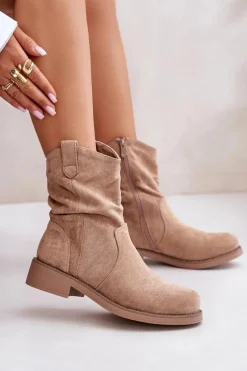 Discount Ocieplane Botki Damskie Z Marszczeniem I Zdobieniem Beżowe Etteara Damskie Botki Zimowe Damskie|Brązowe I Beżowe Botki