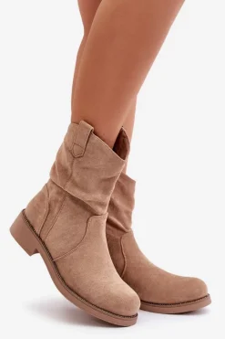 Discount Ocieplane Botki Damskie Z Marszczeniem I Zdobieniem Beżowe Etteara Damskie Botki Zimowe Damskie|Brązowe I Beżowe Botki