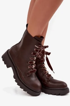 Boto Ocieplane Botki Damskie Z Ozdobnym Sznurowaniem Czekoladowe Elindra Brązowy