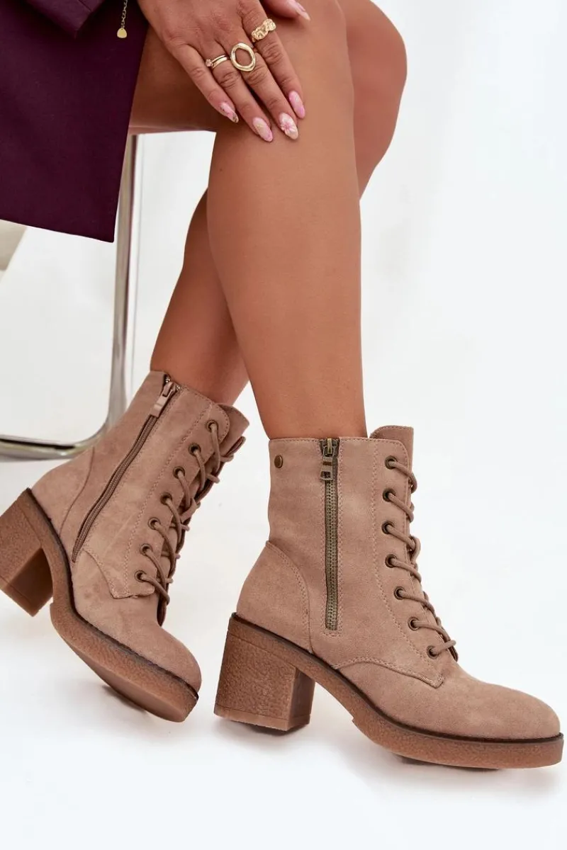 Botki Ocieplane|Botki Sznurowane>Boto Ocieplane Botki Damskie Ze Sznurowaniem I Suwakami Beżowe Paressa Beżowy