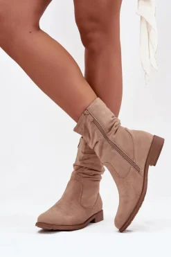 Outlet Boto Ocieplane Botki Damskie Z Marszczoną Cholewką Na Płaskim Obcasie Beżowe Krisia