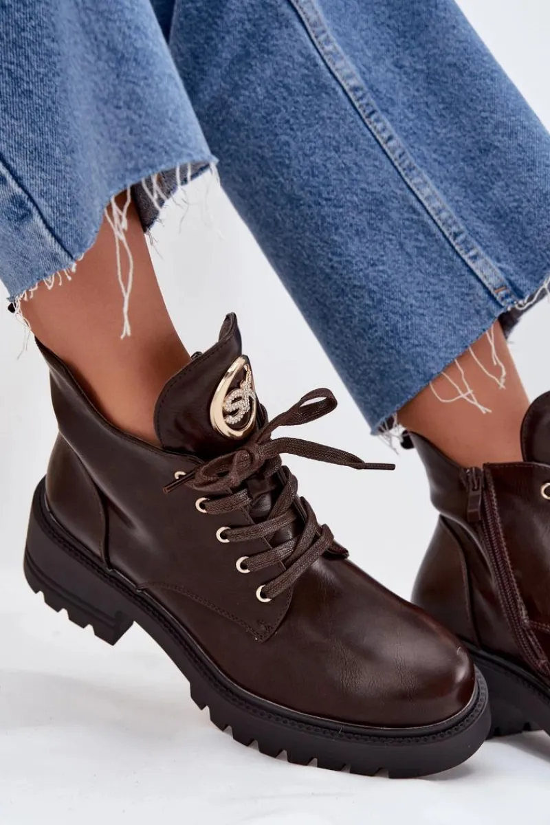 Botki Ocieplane|Botki Sznurowane>Boto Ocieplane Botki Damskie Ze Złotym Detalem Czekoladowe Kavirae