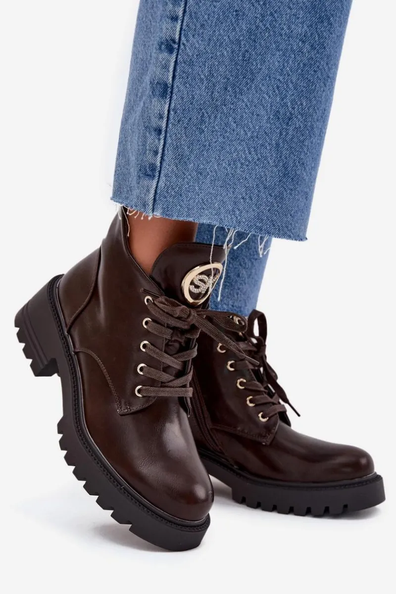 Botki Ocieplane|Botki Sznurowane>Boto Ocieplane Botki Damskie Ze Złotym Detalem Czekoladowe Kavirae