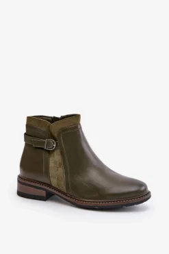 Best Boto Ocieplane Botki Damskie Z Niską Cholewką Na Zamek Eko Skórzane Ciemnozielone Taitha