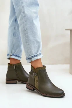 Best Boto Ocieplane Botki Damskie Z Niską Cholewką Na Zamek Eko Skórzane Ciemnozielone Taitha