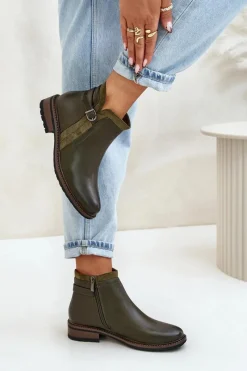 Best Boto Ocieplane Botki Damskie Z Niską Cholewką Na Zamek Eko Skórzane Ciemnozielone Taitha