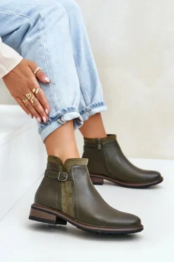 Best Boto Ocieplane Botki Damskie Z Niską Cholewką Na Zamek Eko Skórzane Ciemnozielone Taitha