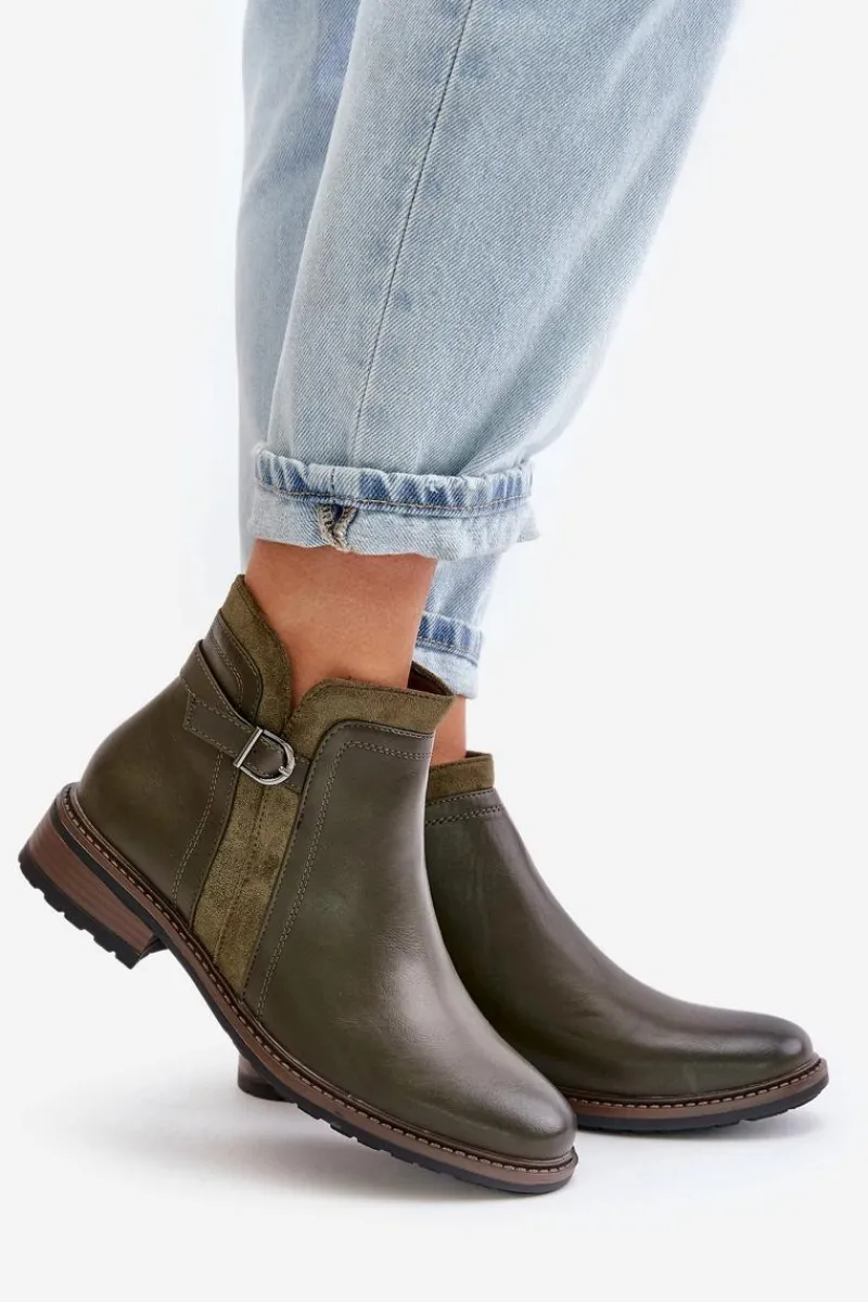 Best Boto Ocieplane Botki Damskie Z Niską Cholewką Na Zamek Eko Skórzane Ciemnozielone Taitha