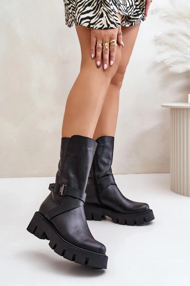 Discount Laura Messi Ocieplane Botki Damskie Ze Skóry Naturalnej 2859 Czarne