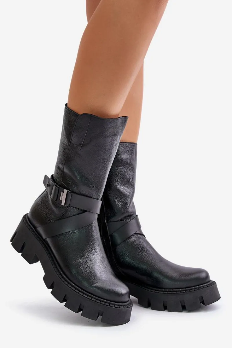 Discount Laura Messi Ocieplane Botki Damskie Ze Skóry Naturalnej 2859 Czarne