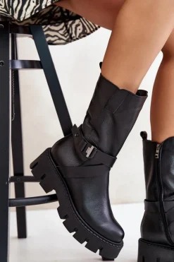 Discount Laura Messi Ocieplane Botki Damskie Ze Skóry Naturalnej 2859 Czarne