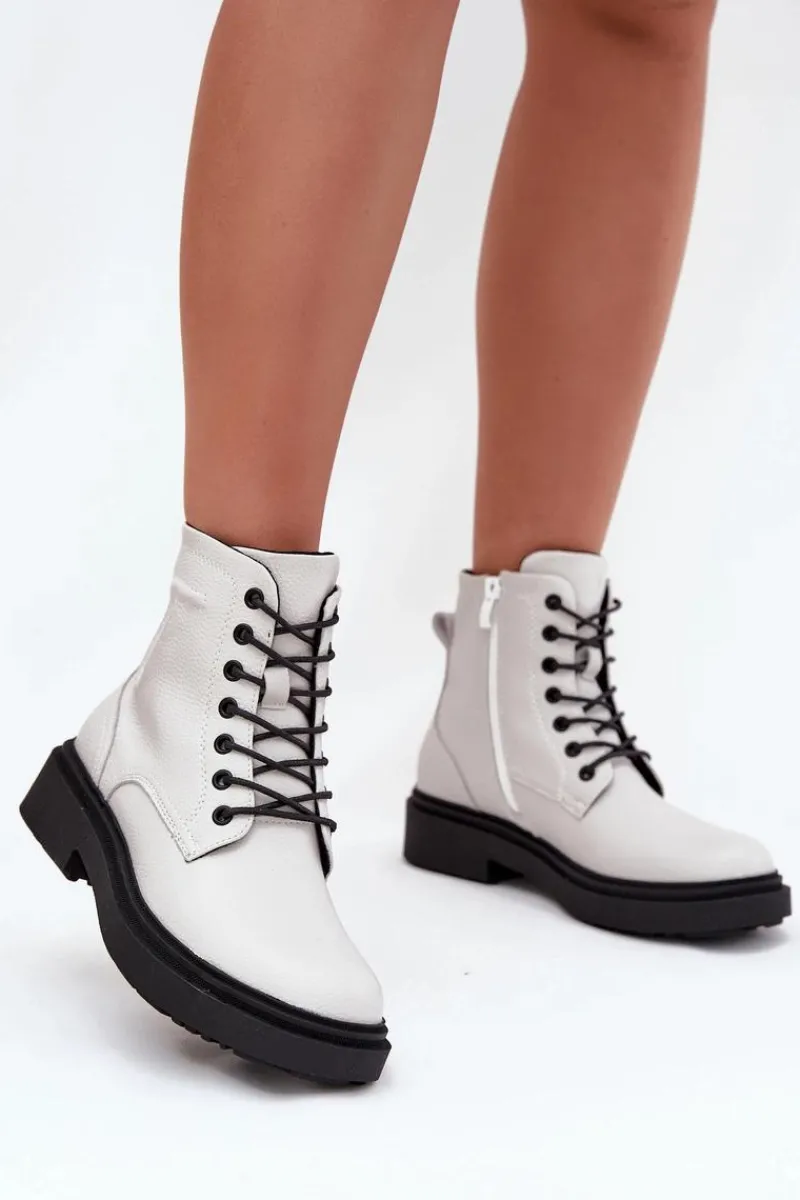 Online Ocieplane Botki Damskie Z Naturalnej Skóry Sergio Leone BT25248-S Białe Damskie Botki Ocieplane|Botki Skórzane