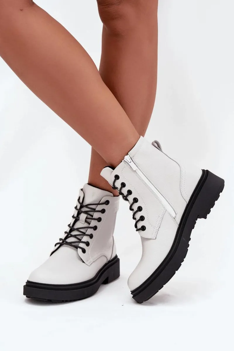 Online Ocieplane Botki Damskie Z Naturalnej Skóry Sergio Leone BT25248-S Białe Damskie Botki Ocieplane|Botki Skórzane