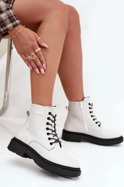 Online Ocieplane Botki Damskie Z Naturalnej Skóry Sergio Leone BT25248-S Białe Damskie Botki Ocieplane|Botki Skórzane