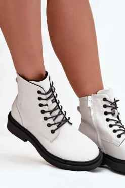 Online Ocieplane Botki Damskie Z Naturalnej Skóry Sergio Leone BT25248-S Białe Damskie Botki Ocieplane|Botki Skórzane