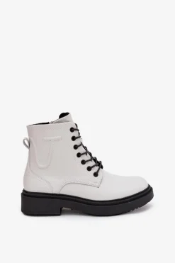 Online Ocieplane Botki Damskie Z Naturalnej Skóry Sergio Leone BT25248-S Białe Damskie Botki Ocieplane|Botki Skórzane