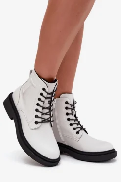 Online Ocieplane Botki Damskie Z Naturalnej Skóry Sergio Leone BT25248-S Białe Damskie Botki Ocieplane|Botki Skórzane