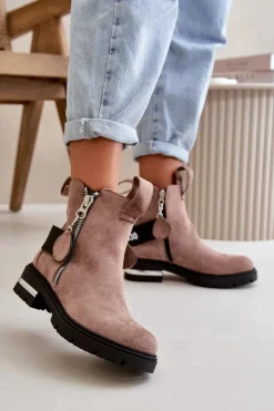 Sale Boto Ocieplane Botki Damskie Z Suwakiem Ciemnobeżowe Calvaro