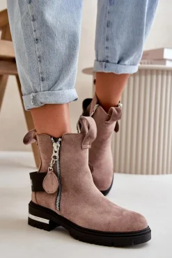 Sale Boto Ocieplane Botki Damskie Z Suwakiem Ciemnobeżowe Calvaro