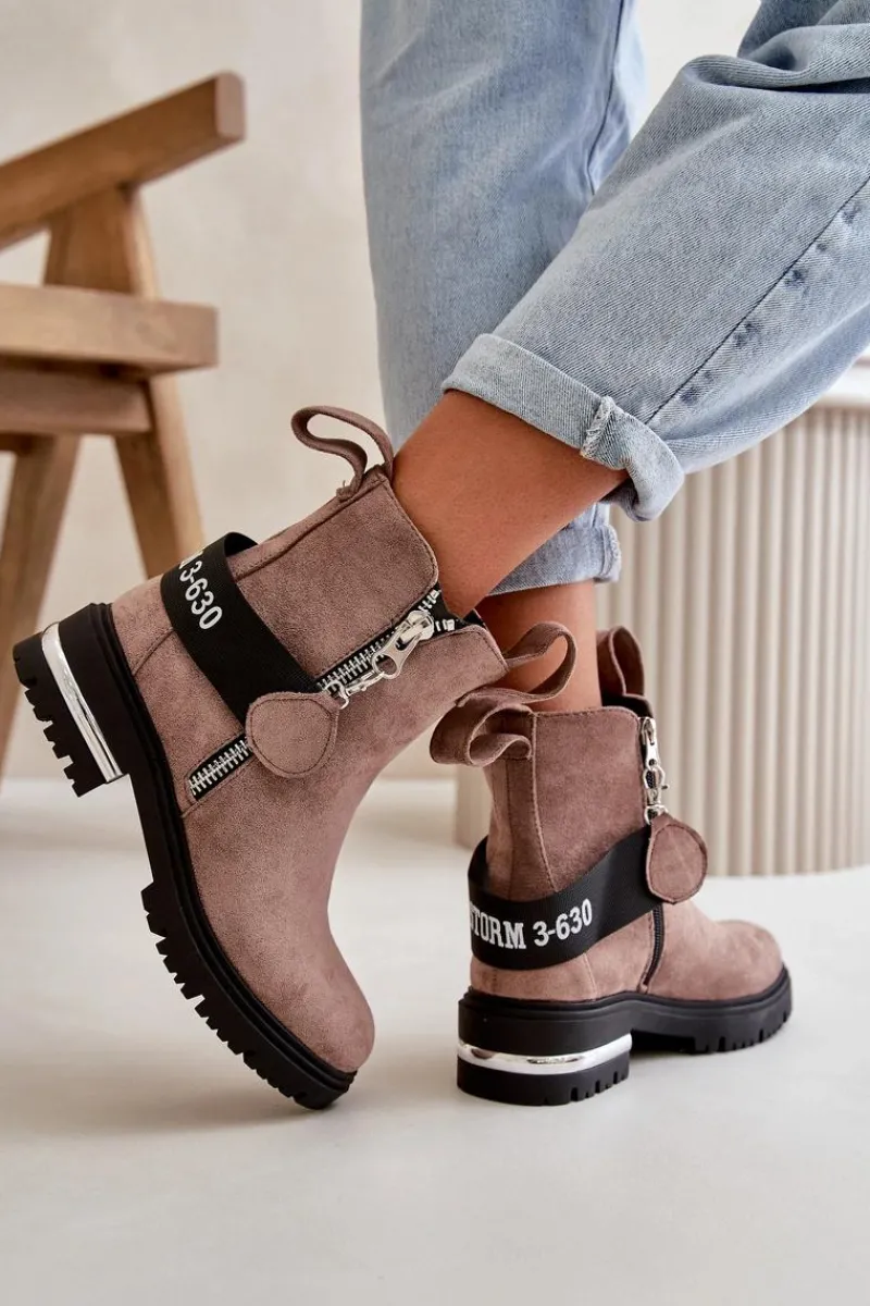 Sale Boto Ocieplane Botki Damskie Z Suwakiem Ciemnobeżowe Calvaro