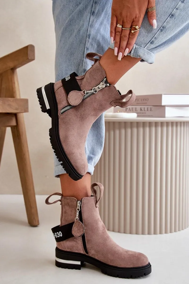 Sale Boto Ocieplane Botki Damskie Z Suwakiem Ciemnobeżowe Calvaro