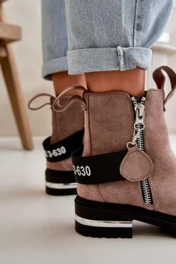 Sale Boto Ocieplane Botki Damskie Z Suwakiem Ciemnobeżowe Calvaro