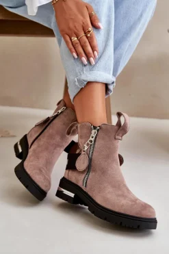 Sale Boto Ocieplane Botki Damskie Z Suwakiem Ciemnobeżowe Calvaro