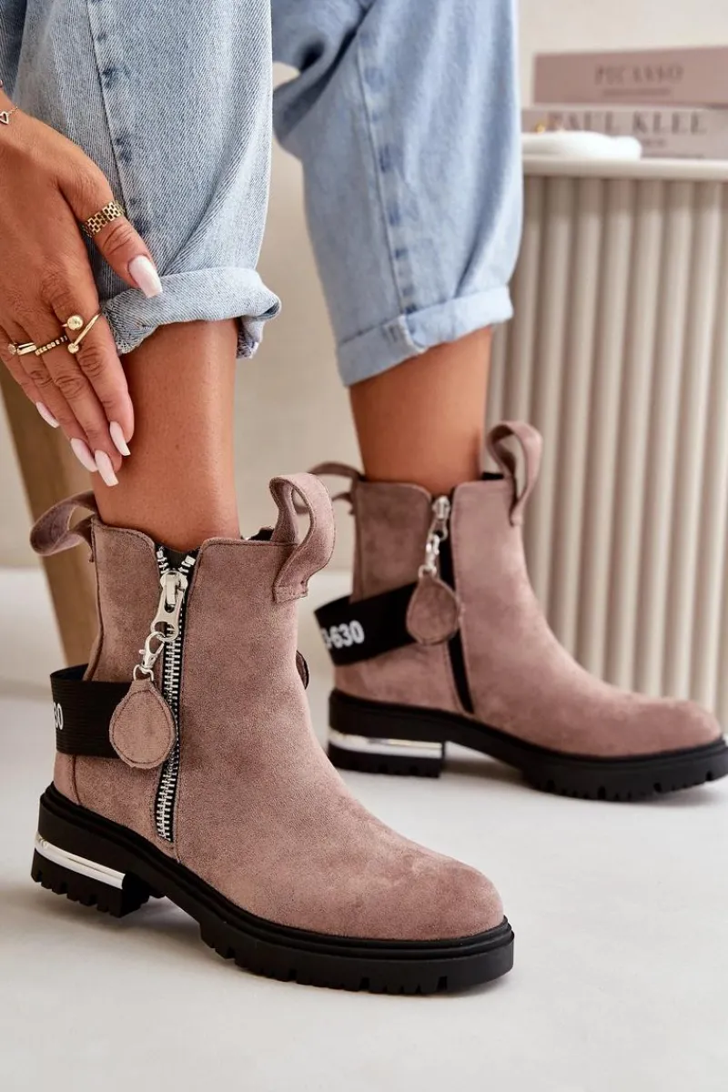 Sale Boto Ocieplane Botki Damskie Z Suwakiem Ciemnobeżowe Calvaro