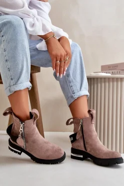 Sale Boto Ocieplane Botki Damskie Z Suwakiem Ciemnobeżowe Calvaro