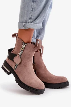 Sale Boto Ocieplane Botki Damskie Z Suwakiem Ciemnobeżowe Calvaro