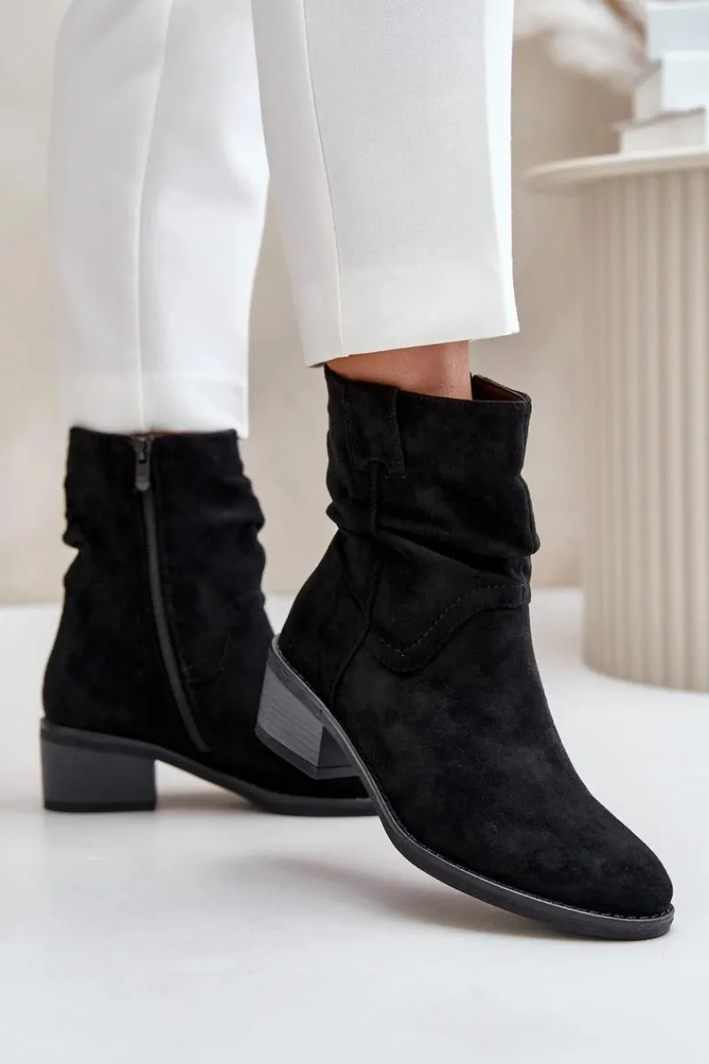 Online Boto Ocieplane Botki Damskie Z Marszczoną Cholewką Na Niskim Obcasie Czarne Zinanya