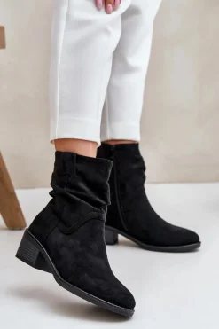 Online Boto Ocieplane Botki Damskie Z Marszczoną Cholewką Na Niskim Obcasie Czarne Zinanya