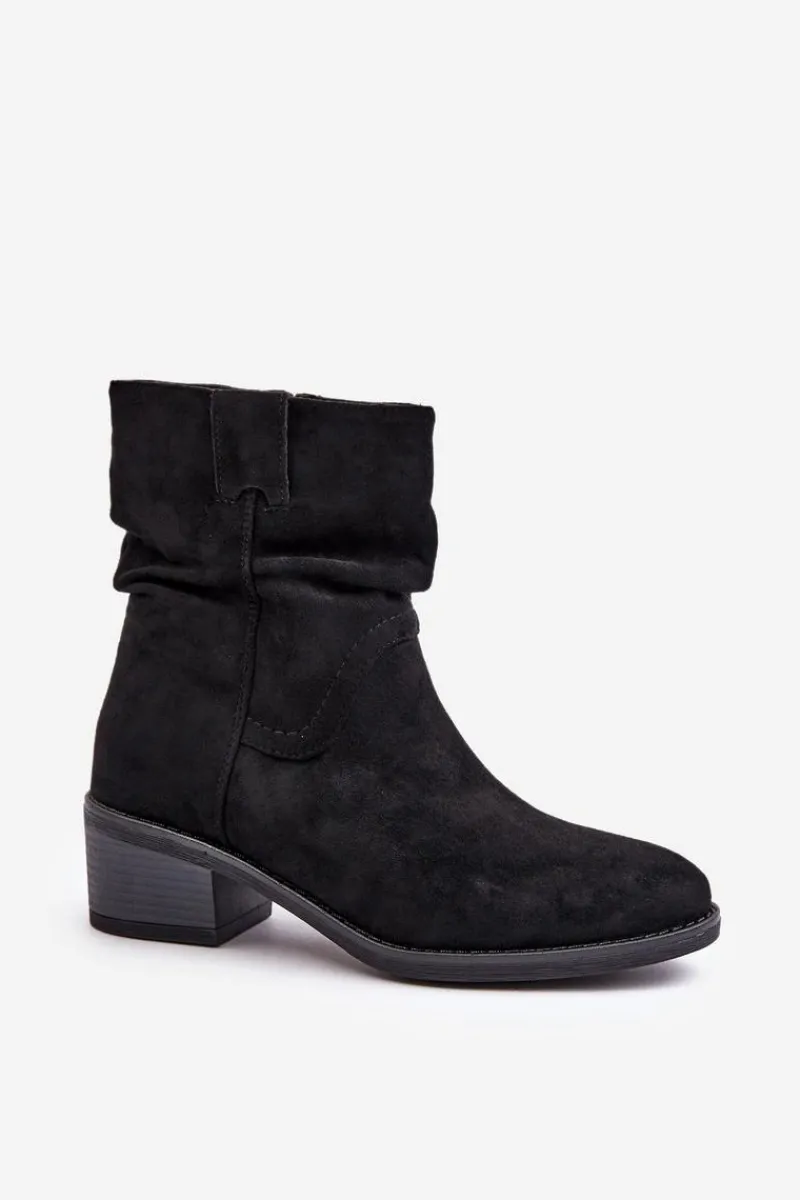 Online Boto Ocieplane Botki Damskie Z Marszczoną Cholewką Na Niskim Obcasie Czarne Zinanya