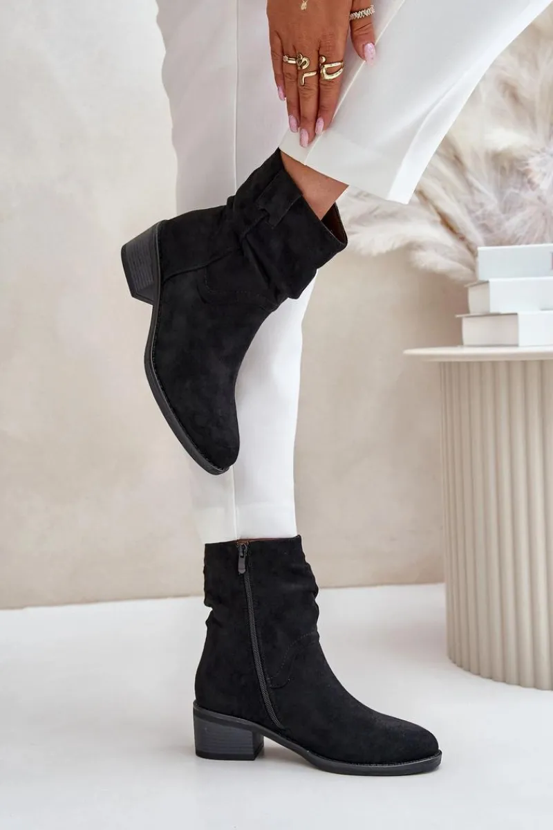 Online Boto Ocieplane Botki Damskie Z Marszczoną Cholewką Na Niskim Obcasie Czarne Zinanya