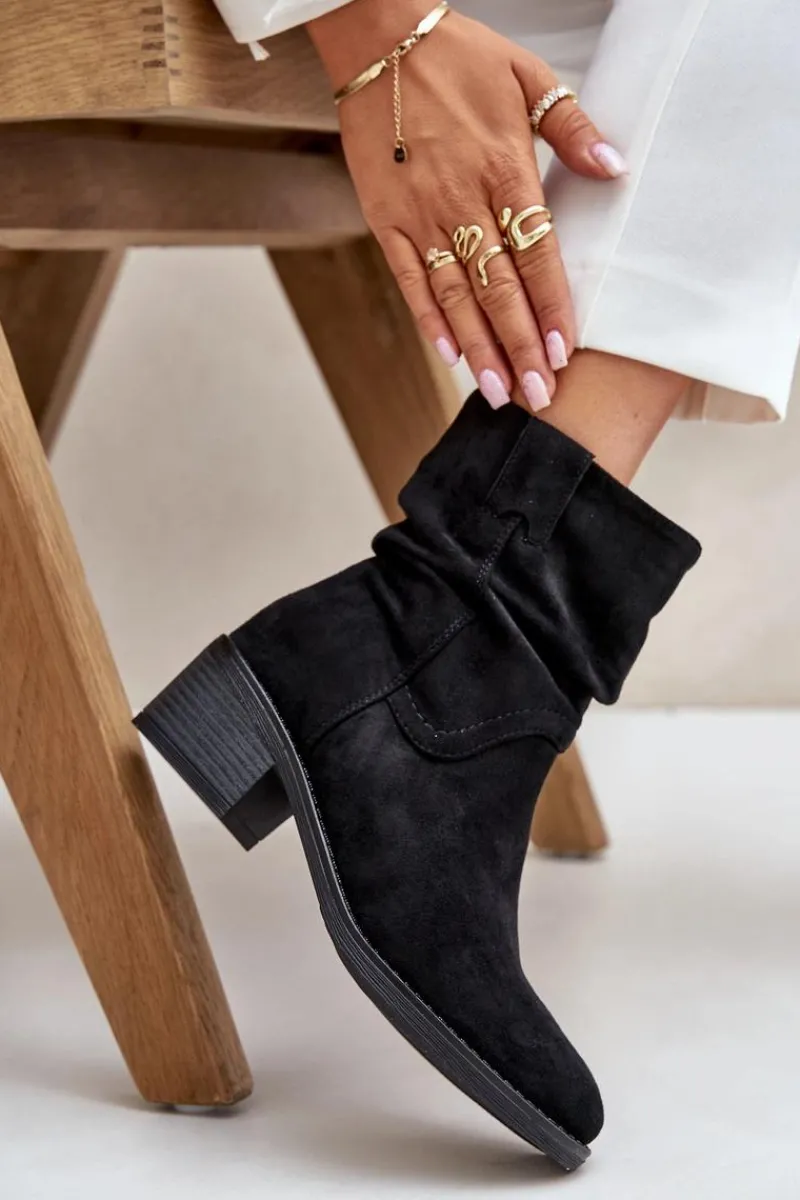 Online Boto Ocieplane Botki Damskie Z Marszczoną Cholewką Na Niskim Obcasie Czarne Zinanya