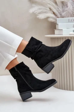 Online Boto Ocieplane Botki Damskie Z Marszczoną Cholewką Na Niskim Obcasie Czarne Zinanya