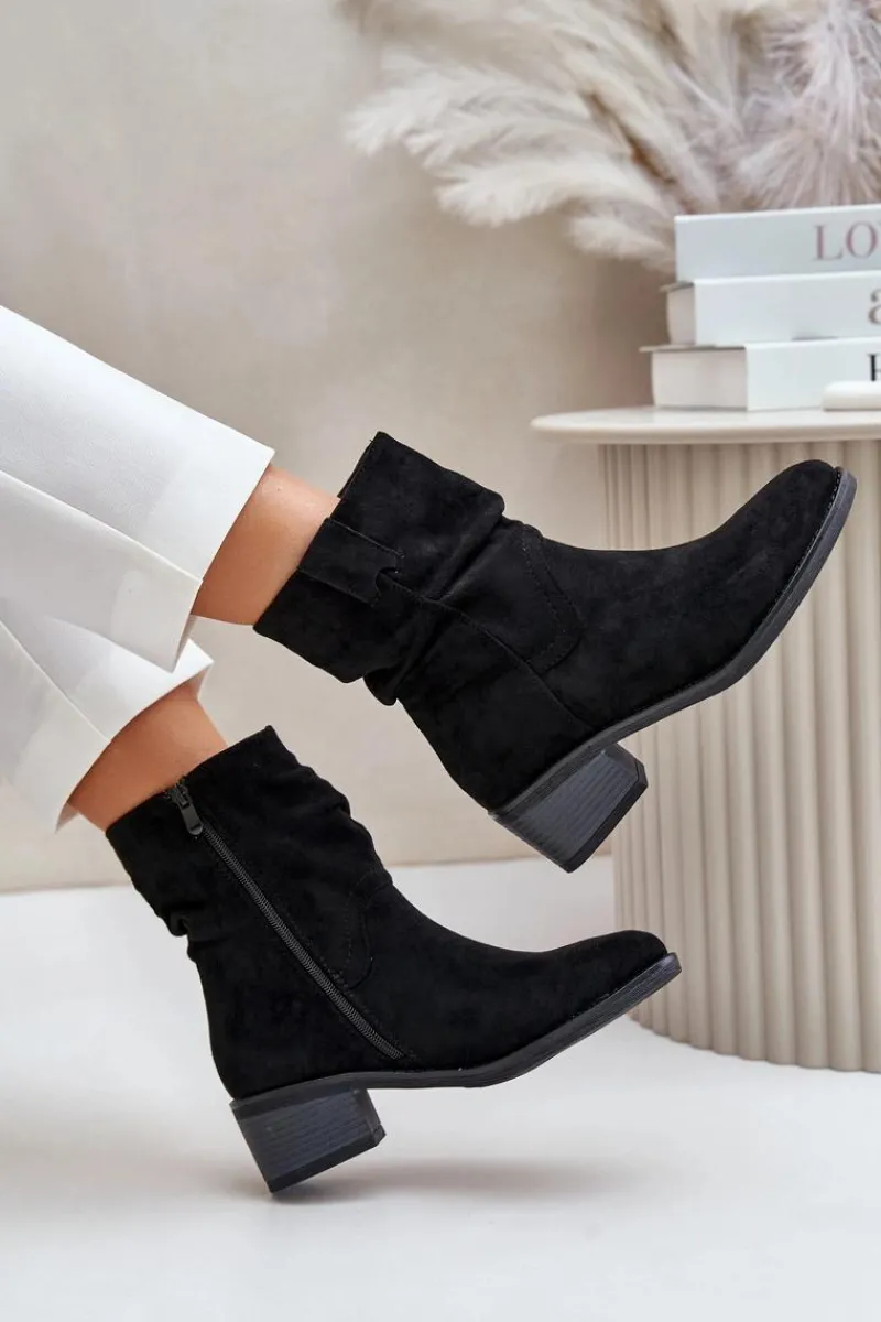 Online Boto Ocieplane Botki Damskie Z Marszczoną Cholewką Na Niskim Obcasie Czarne Zinanya