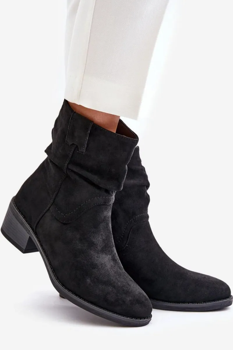 Online Boto Ocieplane Botki Damskie Z Marszczoną Cholewką Na Niskim Obcasie Czarne Zinanya