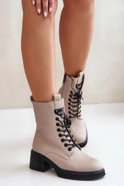 Ocieplane Botki Damskie Ze Skóry Naturalnej Vinceza 66671 Beżowe Damskie Botki Ocieplane|Botki Sznurowane