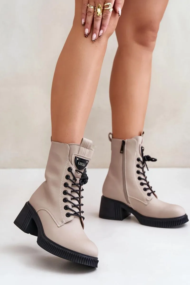 Ocieplane Botki Damskie Ze Skóry Naturalnej Vinceza 66671 Beżowe Damskie Botki Ocieplane|Botki Sznurowane
