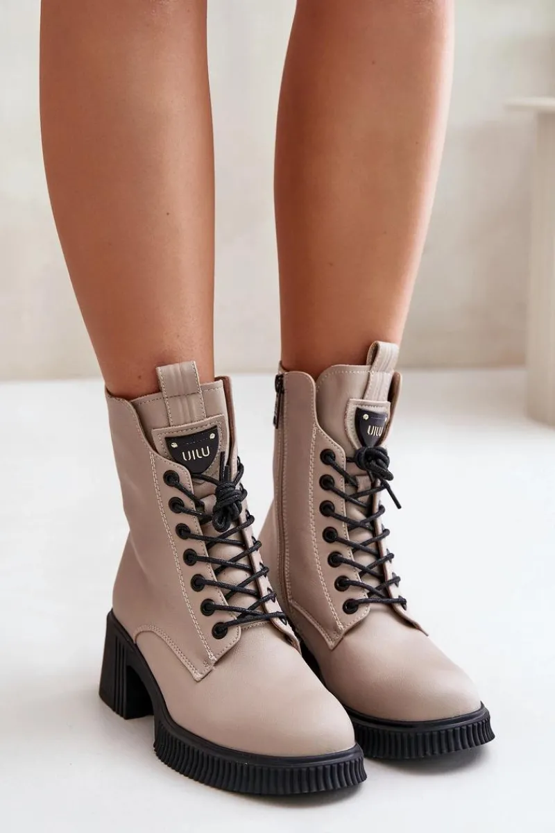 Ocieplane Botki Damskie Ze Skóry Naturalnej Vinceza 66671 Beżowe Damskie Botki Ocieplane|Botki Sznurowane