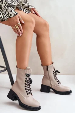 Ocieplane Botki Damskie Ze Skóry Naturalnej Vinceza 66671 Beżowe Damskie Botki Ocieplane|Botki Sznurowane