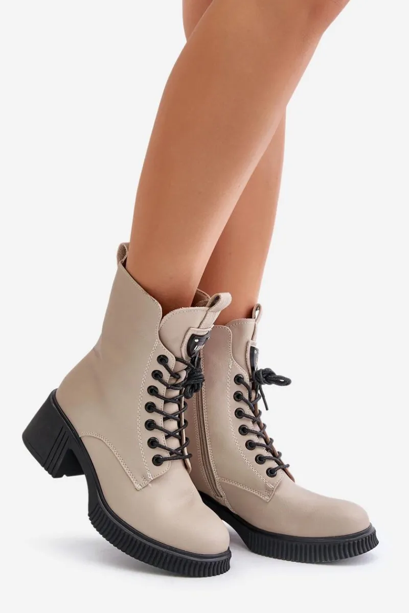Ocieplane Botki Damskie Ze Skóry Naturalnej Vinceza 66671 Beżowe Damskie Botki Ocieplane|Botki Sznurowane