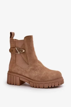 Hot Ocieplane Botki Damskie Ze Złotym Detalem Eko Zamszowe Beżowe Bervena Damskie Botki Zimowe Damskie|Botki Płaskie