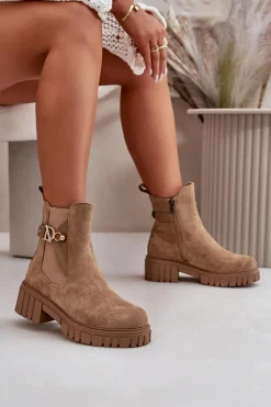 Hot Ocieplane Botki Damskie Ze Złotym Detalem Eko Zamszowe Beżowe Bervena Damskie Botki Zimowe Damskie|Botki Płaskie