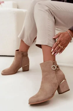 Botki Ocieplane|Botki Na Słupku>Boto Ocieplane Botki Damskie Ze Złotymi Detalami Na Słupku Beżowe Dorisse Beżowy